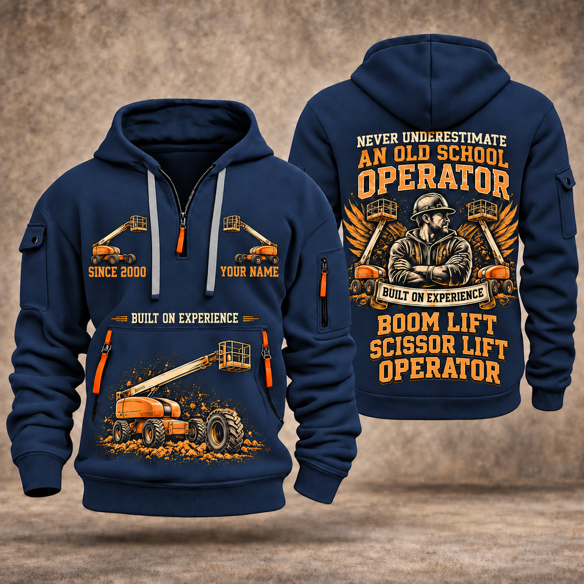 JLG 600S Telescopic Boom Lift quarter zip hoodie in Navy, front and back views, sample YOUR NAME and SINCE 2000 artwork
