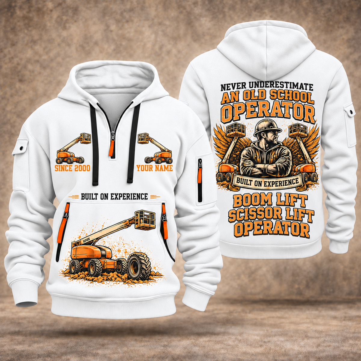 JLG 600S Telescopic Boom Lift quarter zip hoodie in White, front and back views, sample YOUR NAME and SINCE 2000 artwork
