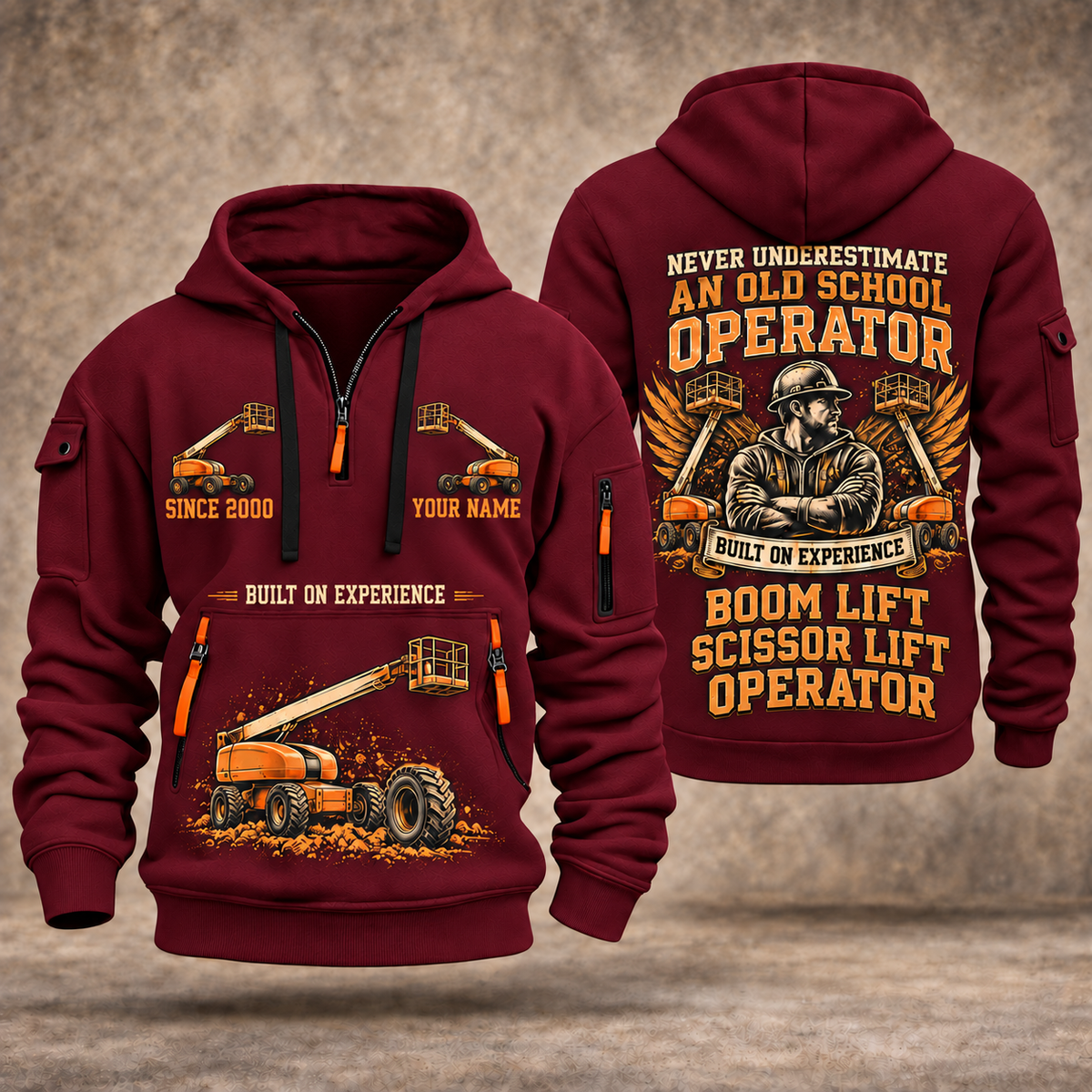 JLG 600S Telescopic Boom Lift quarter zip hoodie in Wine Red, front and back views, sample YOUR NAME and SINCE 2000 artwork