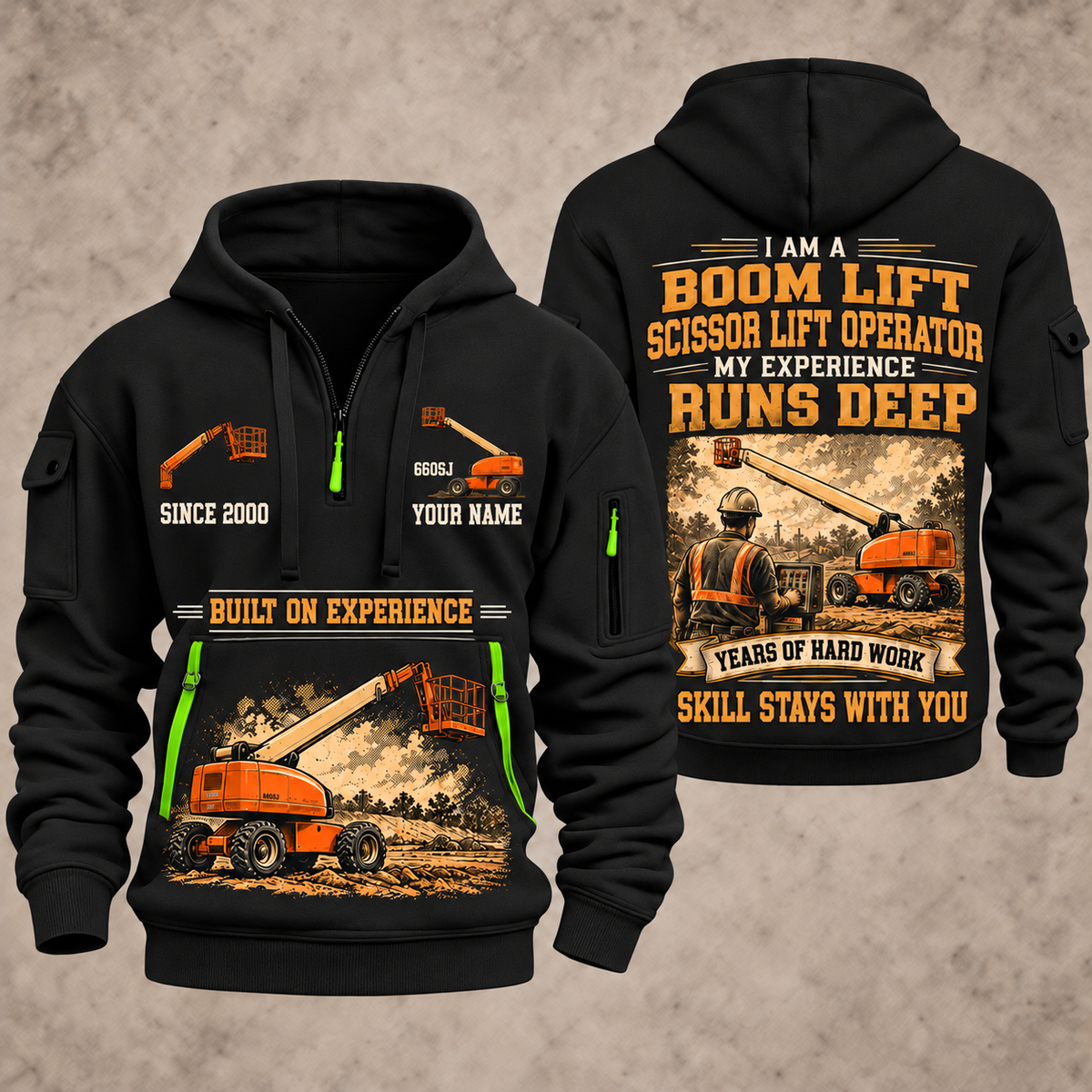 JLG 660SJ Telescopic Boom Lift with Jib quarter zip hoodie in Black, front and back views, sample YOUR NAME and SINCE 2000 artwork