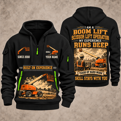 JLG 660SJ Telescopic Boom Lift with Jib quarter zip hoodie in Black, front and back views, sample YOUR NAME and SINCE 2000 artwork
