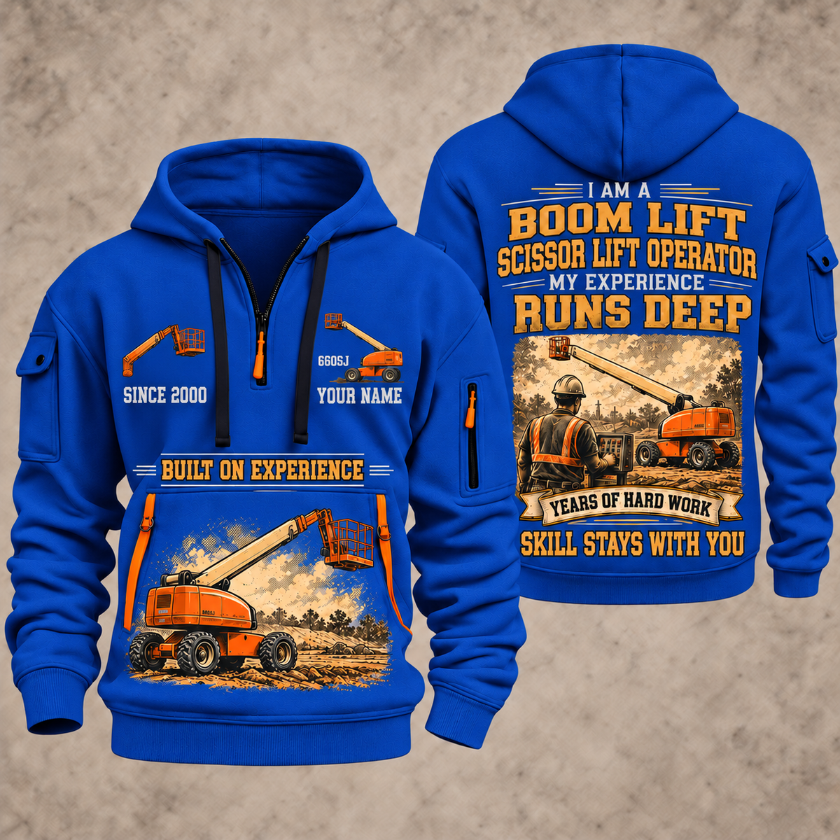 JLG 660SJ Telescopic Boom Lift with Jib quarter zip hoodie in Blue, front and back views, sample YOUR NAME and SINCE 2000 artwork