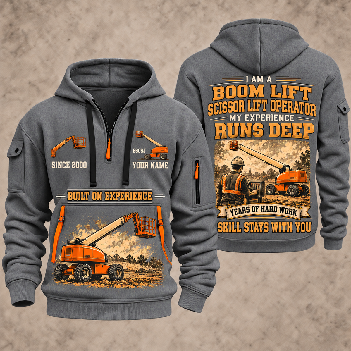 JLG 660SJ Telescopic Boom Lift with Jib quarter zip hoodie in Gray, front and back views, sample YOUR NAME and SINCE 2000 artwork