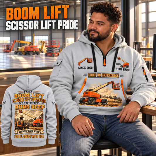 JLG 660SJ Telescopic Boom Lift with Jib quarter zip hoodie in Light Grey, adult lifestyle portrait showing front and back artwork