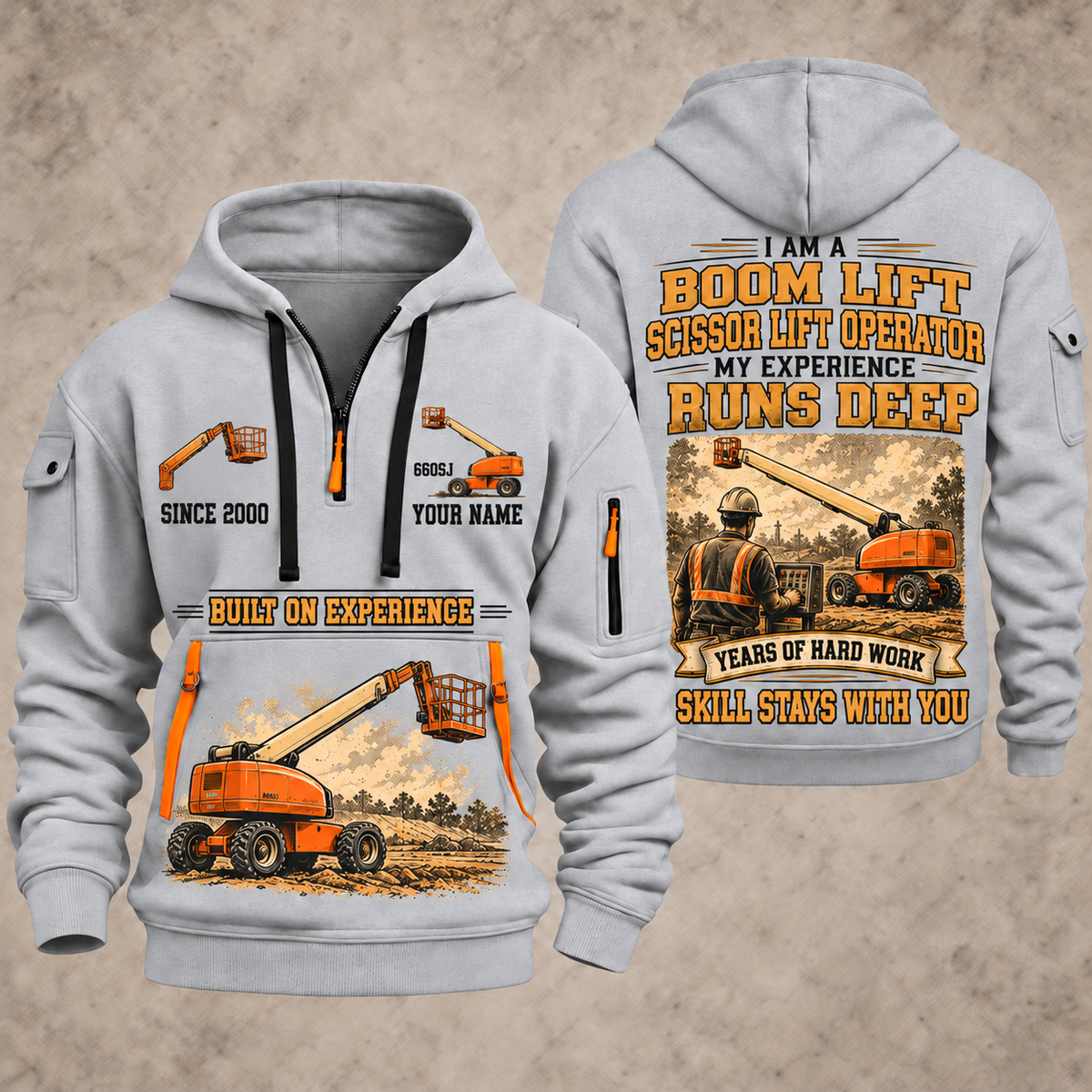 JLG 660SJ Telescopic Boom Lift with Jib quarter zip hoodie in Light Grey, front and back views, sample YOUR NAME and SINCE 2000 artwork
