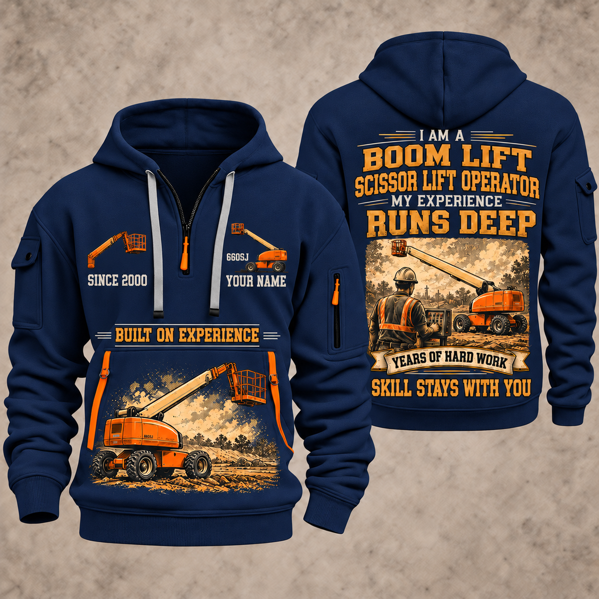 JLG 660SJ Telescopic Boom Lift with Jib quarter zip hoodie in Navy, front and back views, sample YOUR NAME and SINCE 2000 artwork