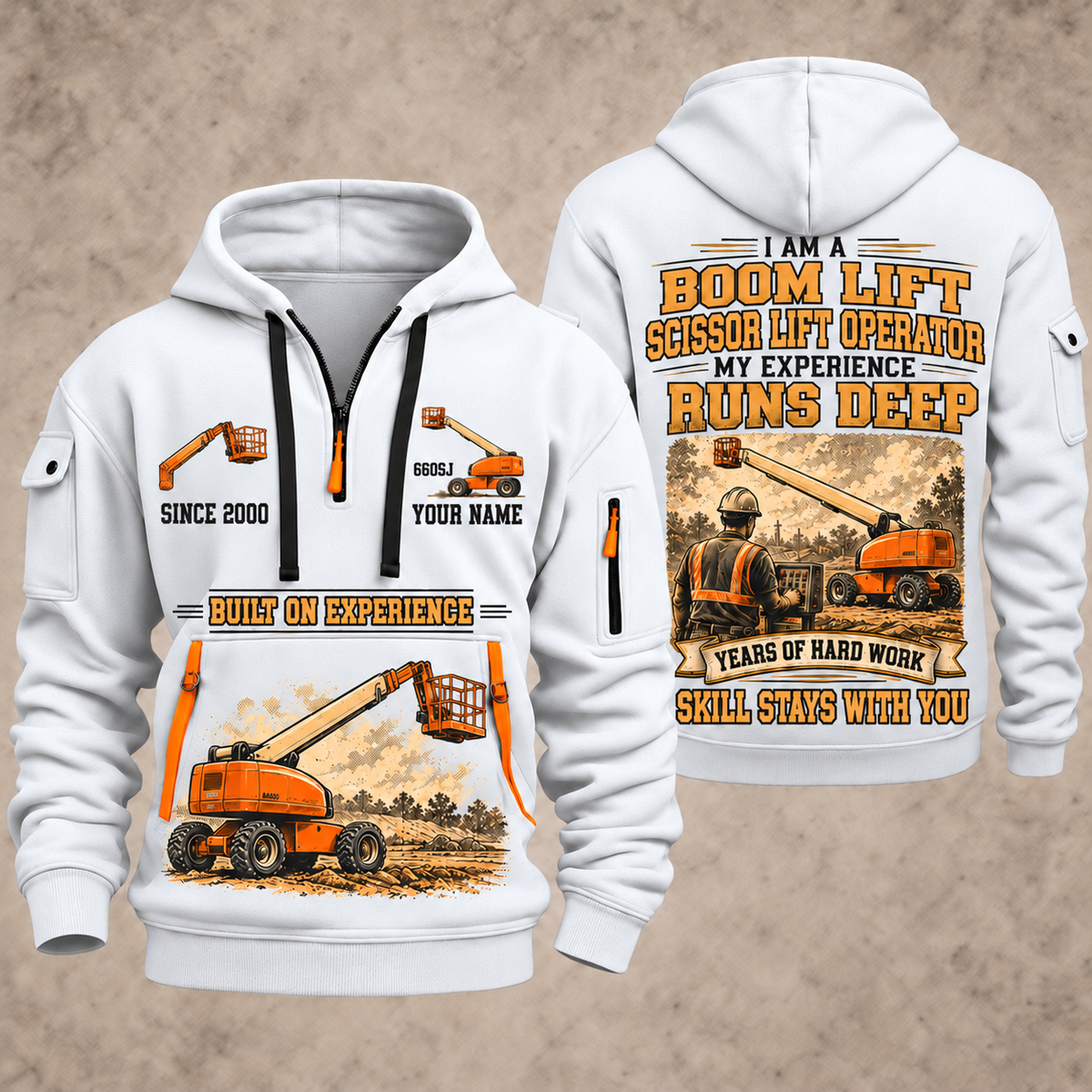 JLG 660SJ Telescopic Boom Lift with Jib quarter zip hoodie in White, front and back views, sample YOUR NAME and SINCE 2000 artwork