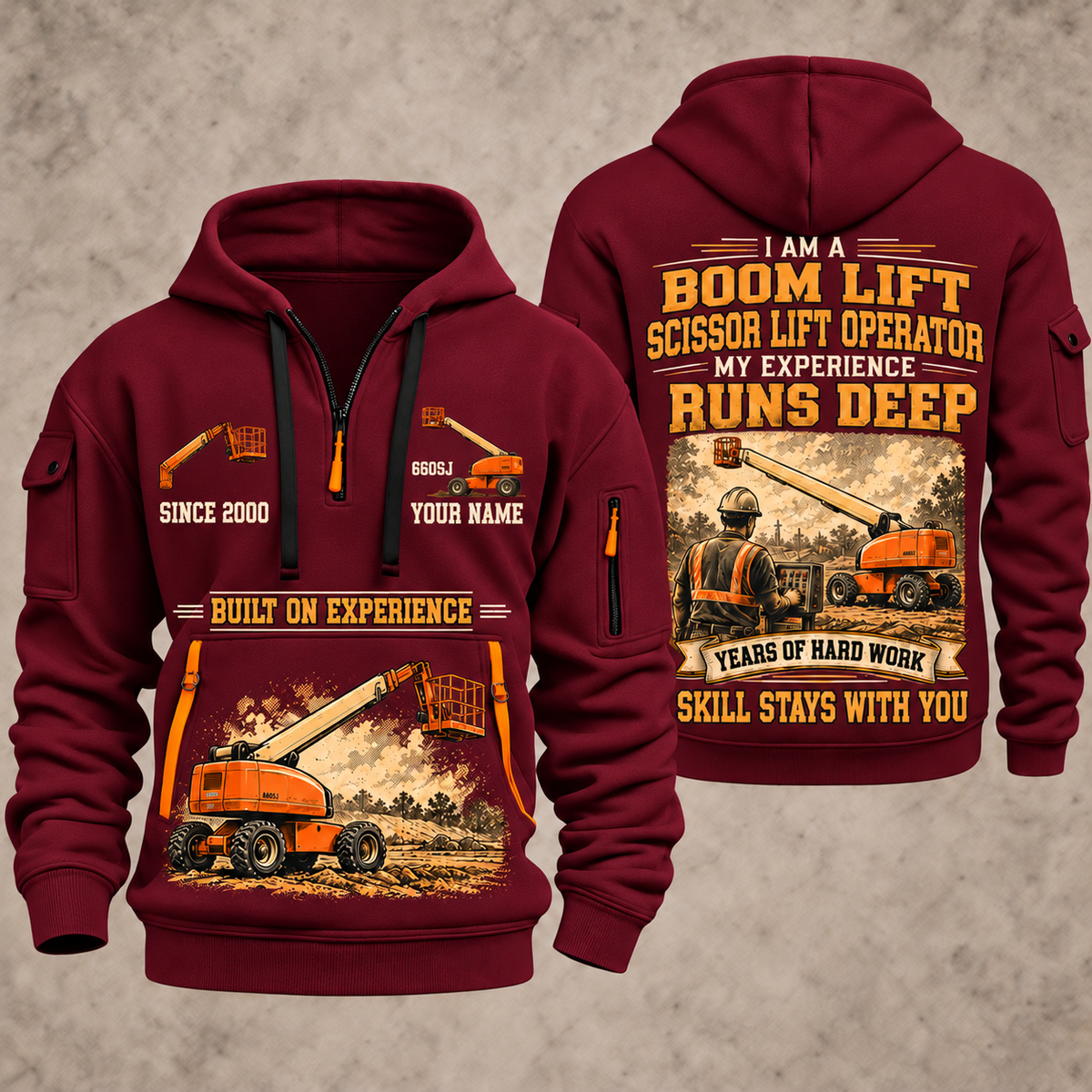 JLG 660SJ Telescopic Boom Lift with Jib quarter zip hoodie in Wine Red, front and back views, sample YOUR NAME and SINCE 2000 artwork