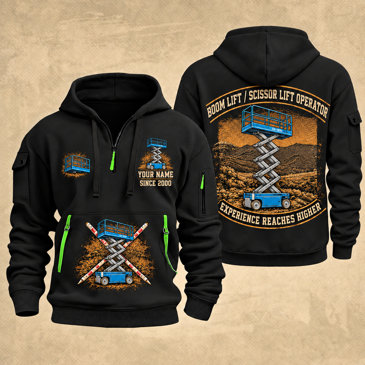 Genie GS-1930 Scissor Lift quarter zip hoodie in Black, front and back views, sample YOUR NAME and SINCE 2000 artwork