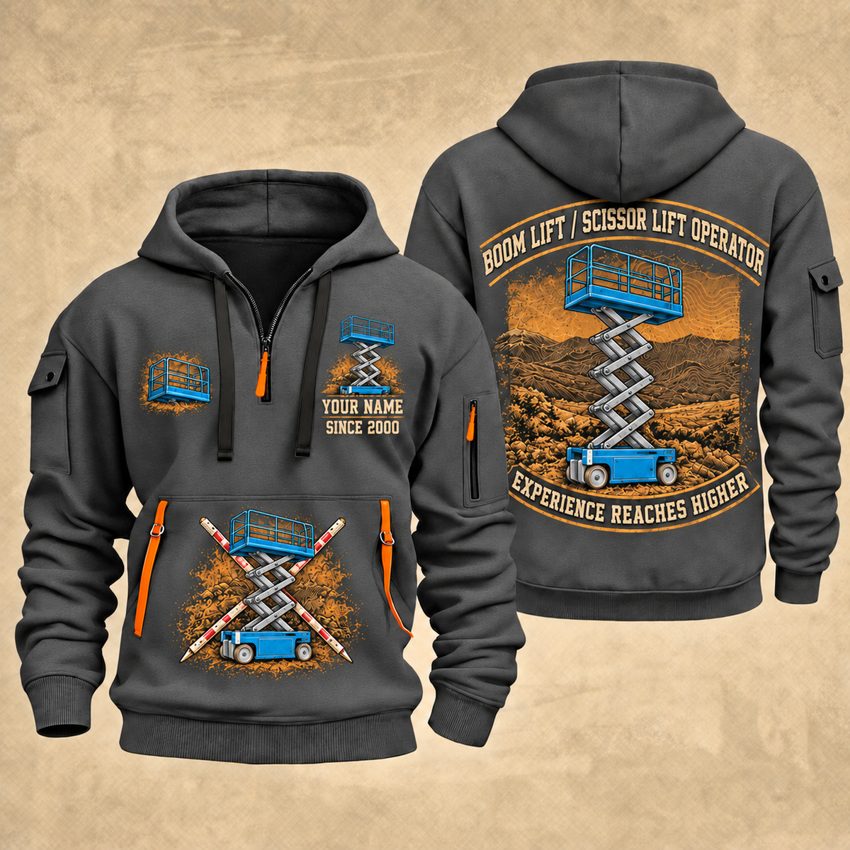 Genie GS-1930 Scissor Lift quarter zip hoodie in Gray, front and back views, sample YOUR NAME and SINCE 2000 artwork