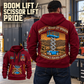 Genie GS-1930 Scissor Lift quarter zip hoodie in Wine Red, adult lifestyle portrait showing front and back artwork