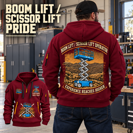 Genie GS-1930 Scissor Lift quarter zip hoodie in Wine Red, adult lifestyle portrait showing front and back artwork