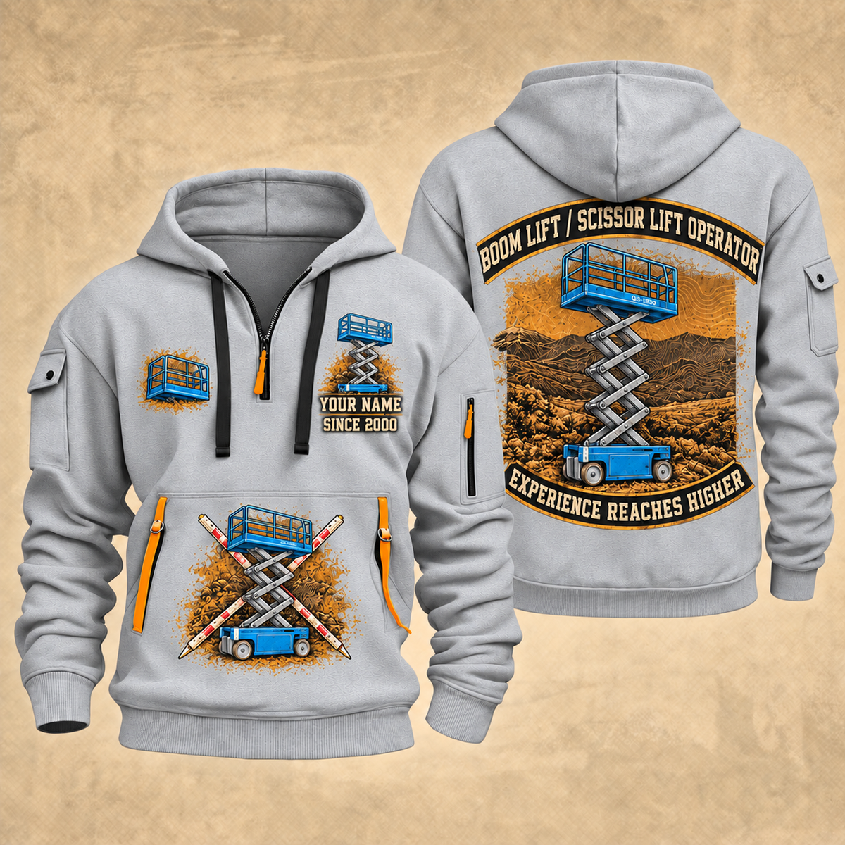 Genie GS-1930 Scissor Lift quarter zip hoodie in Light Grey, front and back views, sample YOUR NAME and SINCE 2000 artwork