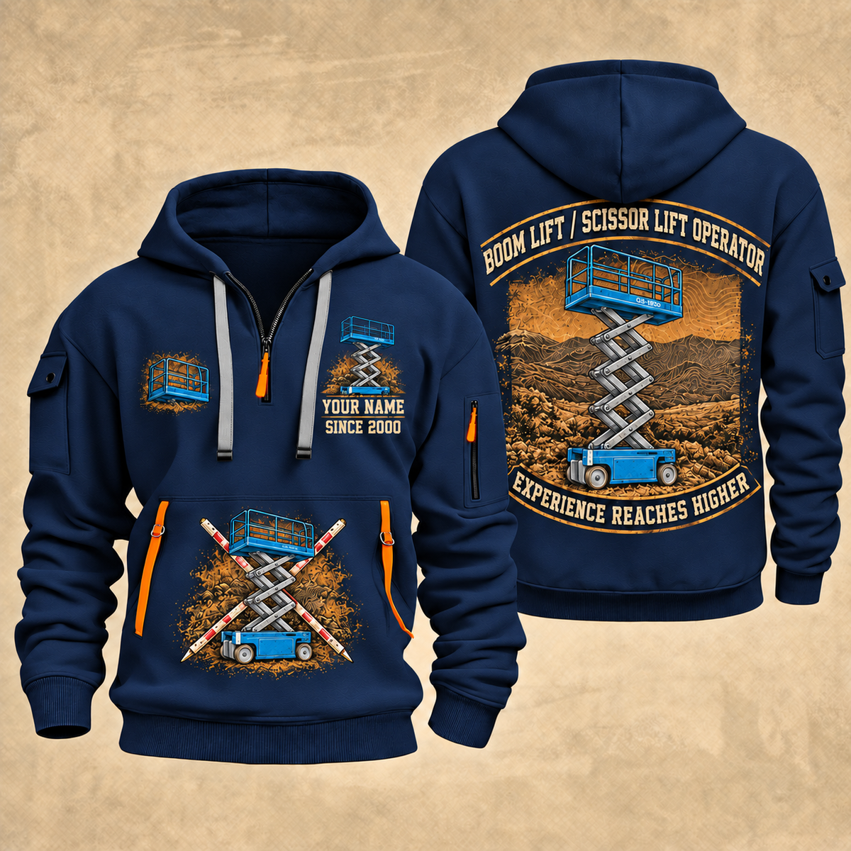 Genie GS-1930 Scissor Lift quarter zip hoodie in Navy, front and back views, sample YOUR NAME and SINCE 2000 artwork