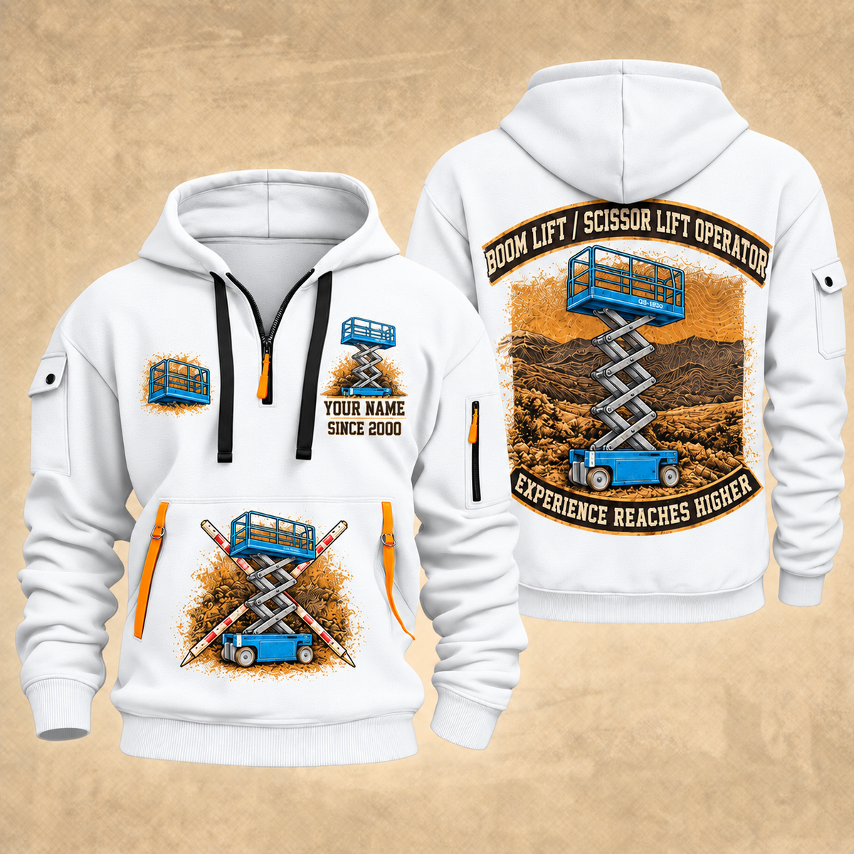 Genie GS-1930 Scissor Lift quarter zip hoodie in White, front and back views, sample YOUR NAME and SINCE 2000 artwork