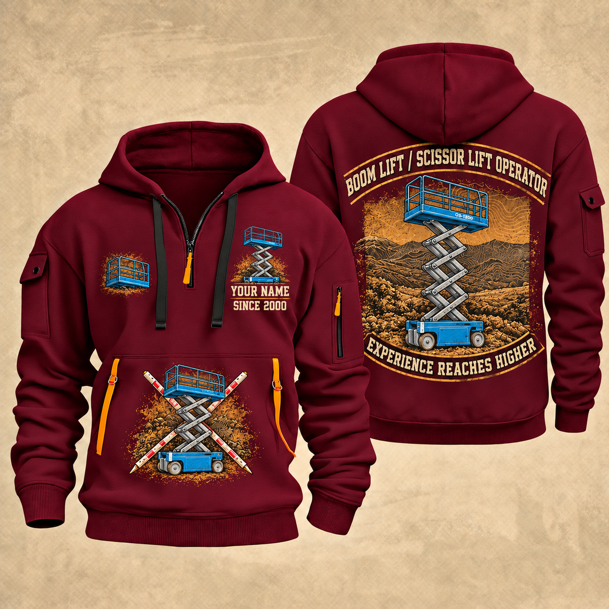 Genie GS-1930 Scissor Lift quarter zip hoodie in Wine Red, front and back views, sample YOUR NAME and SINCE 2000 artwork