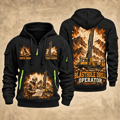 Pit Viper 271 Blasthole Drill Operator quarter zip hoodie in Black, front and back views, sample YOUR NAME and SINCE 2000 artwork