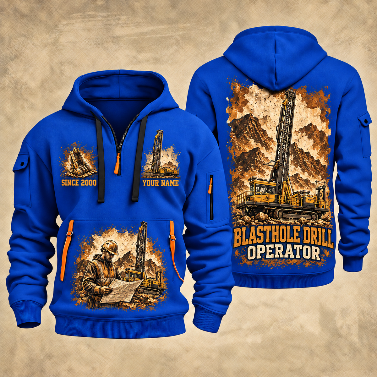 Pit Viper 271 Blasthole Drill Operator quarter zip hoodie in Blue, front and back views, sample YOUR NAME and SINCE 2000 artwork