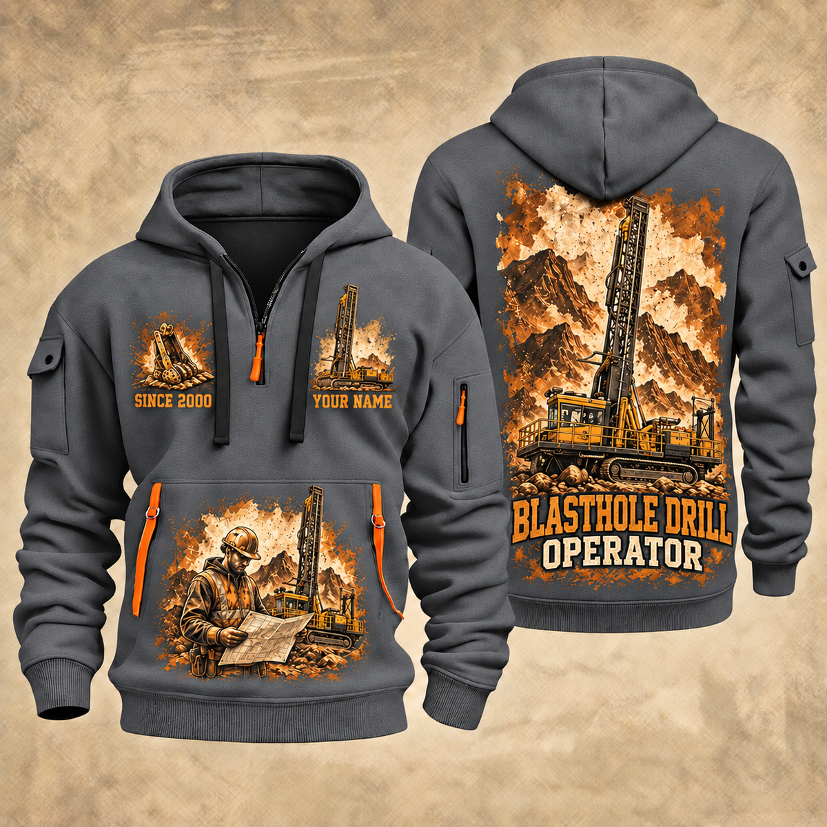Pit Viper 271 Blasthole Drill Operator quarter zip hoodie in Gray, front and back views, sample YOUR NAME and SINCE 2000 artwork