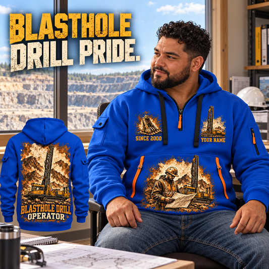 Pit Viper 271 Blasthole Drill Operator quarter zip hoodie in Blue, adult lifestyle portrait showing front and back artwork