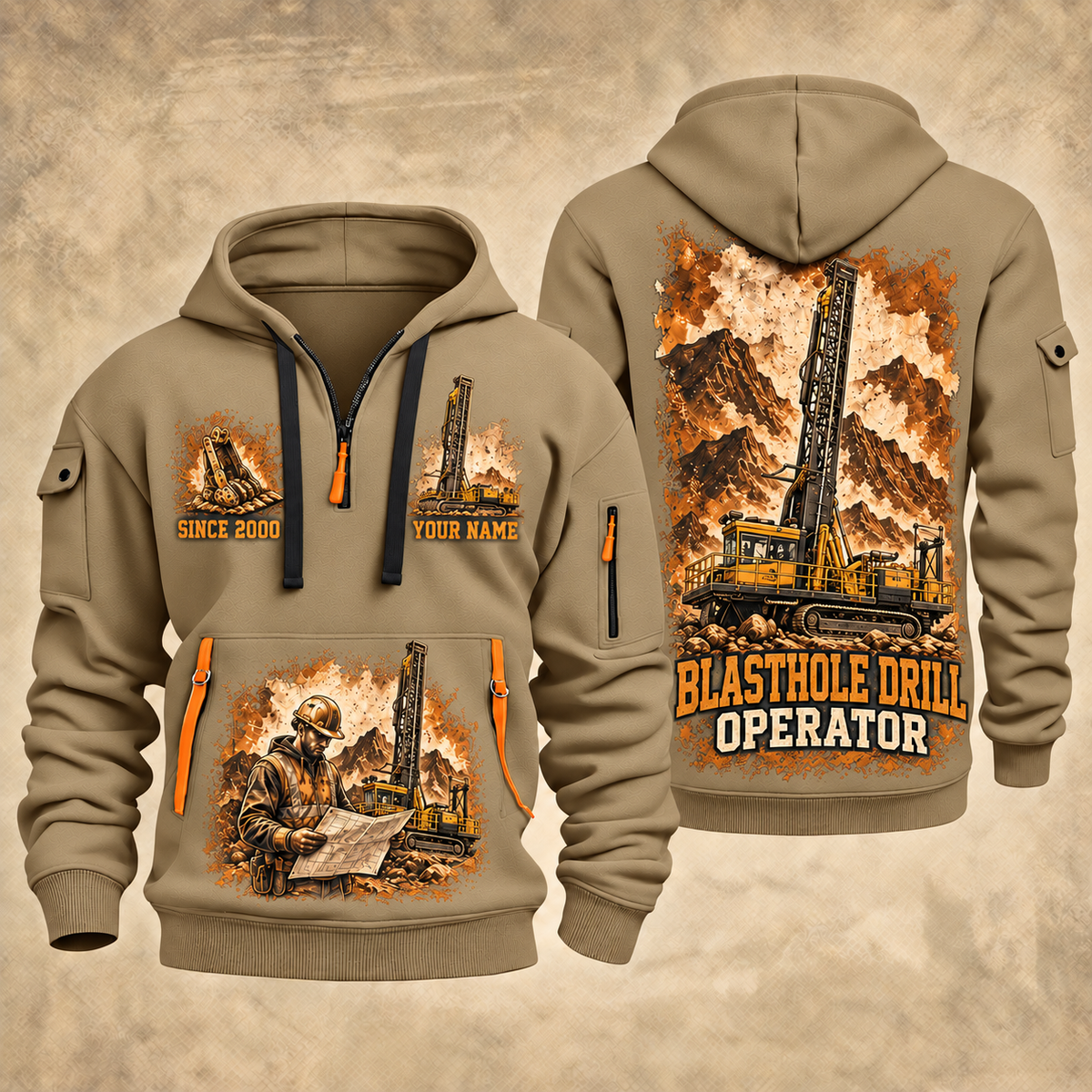 Pit Viper 271 Blasthole Drill Operator quarter zip hoodie in Khaki, front and back views, sample YOUR NAME and SINCE 2000 artwork