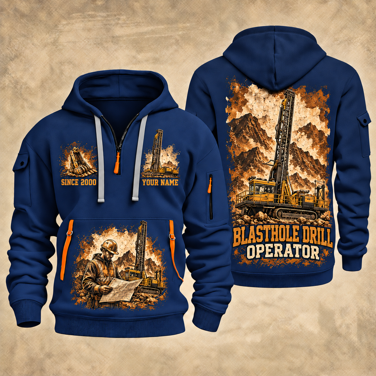 Pit Viper 271 Blasthole Drill Operator quarter zip hoodie in Navy, front and back views, sample YOUR NAME and SINCE 2000 artwork