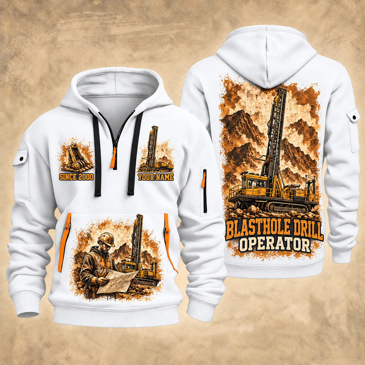 Pit Viper 271 Blasthole Drill Operator quarter zip hoodie in White, front and back views, sample YOUR NAME and SINCE 2000 artwork