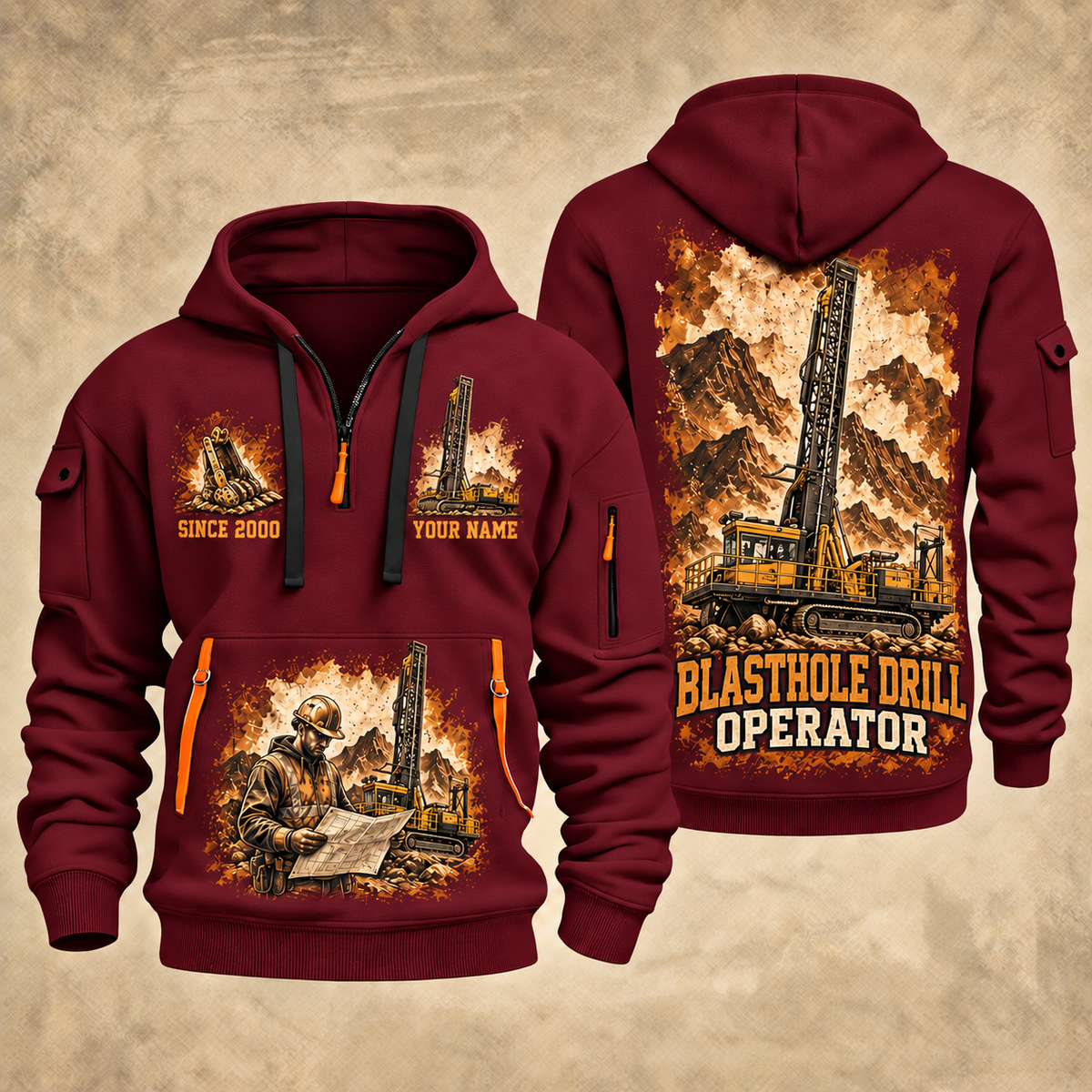 Pit Viper 271 Blasthole Drill Operator quarter zip hoodie in Wine Red, front and back views, sample YOUR NAME and SINCE 2000 artwork