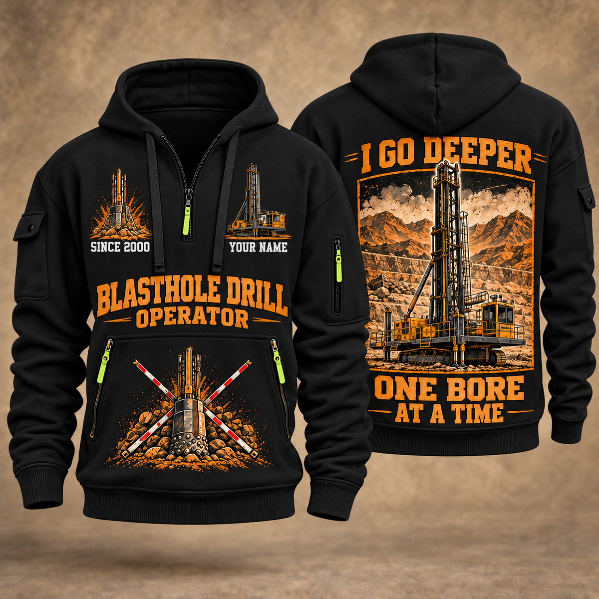 Pit Viper 351 Blasthole Drill Operator quarter zip hoodie in Black, front and back views, sample YOUR NAME and SINCE 2000 artwork
