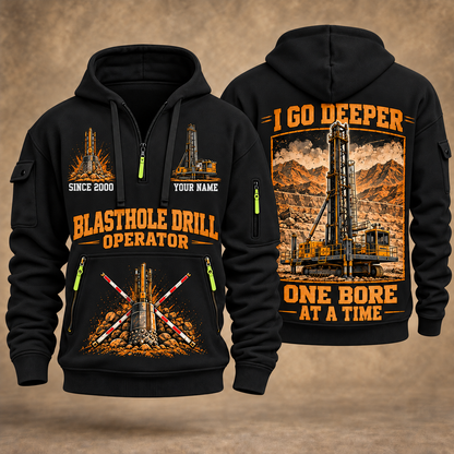 Pit Viper 351 Blasthole Drill Operator quarter zip hoodie in Black, front and back views, sample YOUR NAME and SINCE 2000 artwork