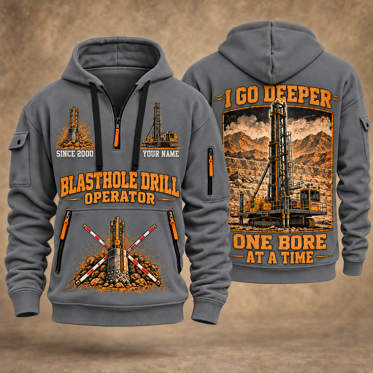 Pit Viper 351 Blasthole Drill Operator quarter zip hoodie in Gray, front and back views, sample YOUR NAME and SINCE 2000 artwork