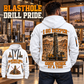 Pit Viper 351 Blasthole Drill Operator quarter zip hoodie in White, adult lifestyle portrait showing front and back artwork