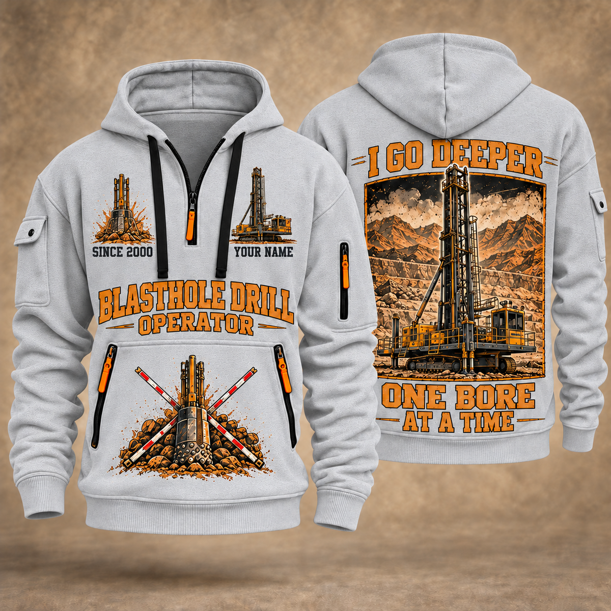 Pit Viper 351 Blasthole Drill Operator quarter zip hoodie in Light Grey, front and back views, sample YOUR NAME and SINCE 2000 artwork