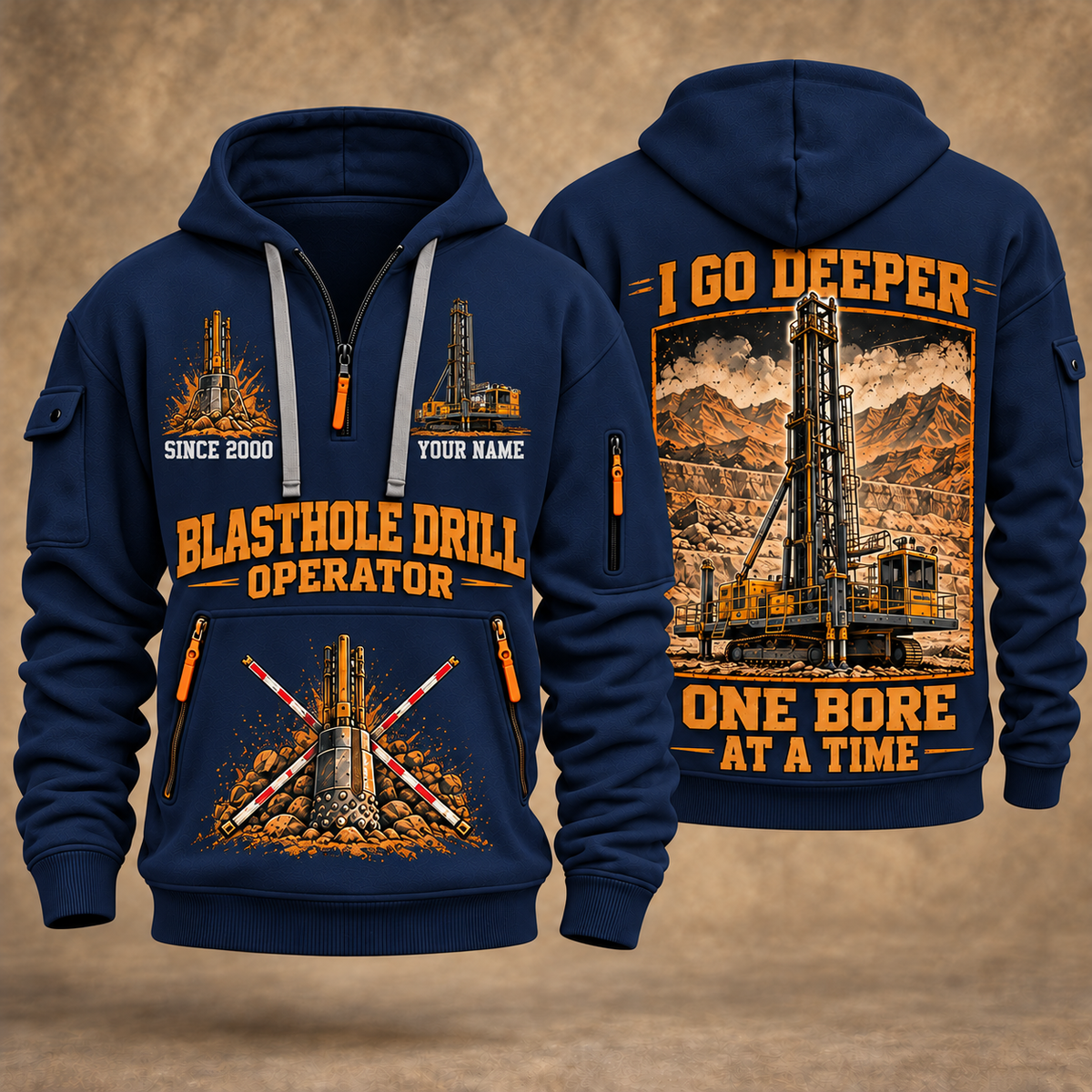 Pit Viper 351 Blasthole Drill Operator quarter zip hoodie in Navy, front and back views, sample YOUR NAME and SINCE 2000 artwork