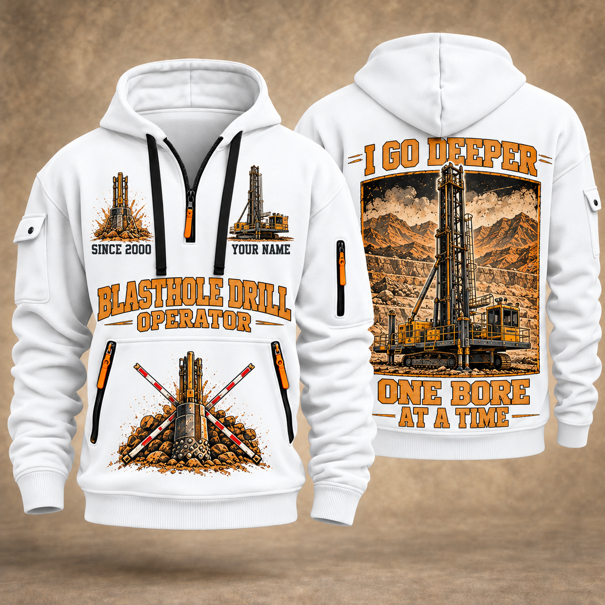 Pit Viper 351 Blasthole Drill Operator quarter zip hoodie in White, front and back views, sample YOUR NAME and SINCE 2000 artwork