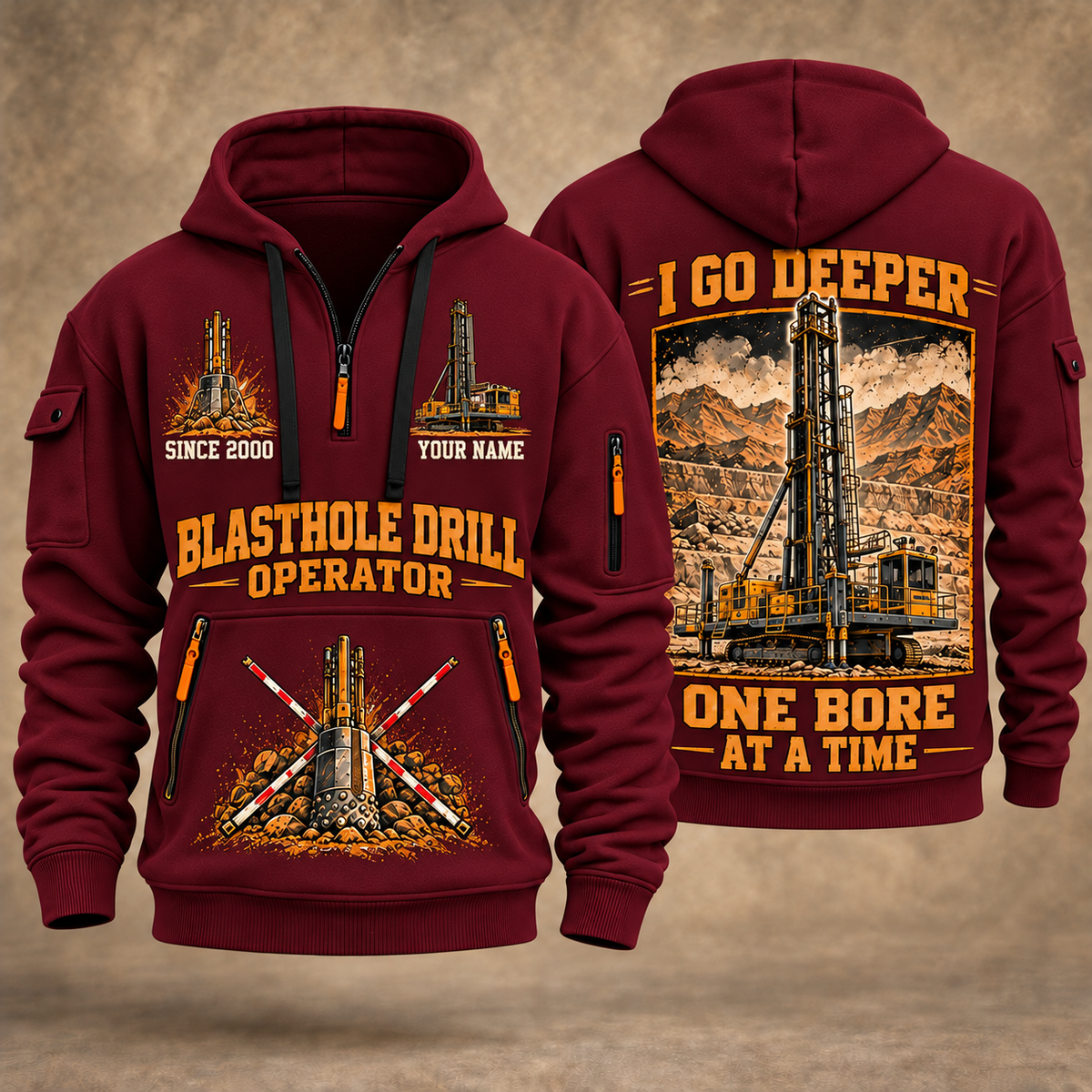 Pit Viper 351 Blasthole Drill Operator quarter zip hoodie in Wine Red, front and back views, sample YOUR NAME and SINCE 2000 artwork