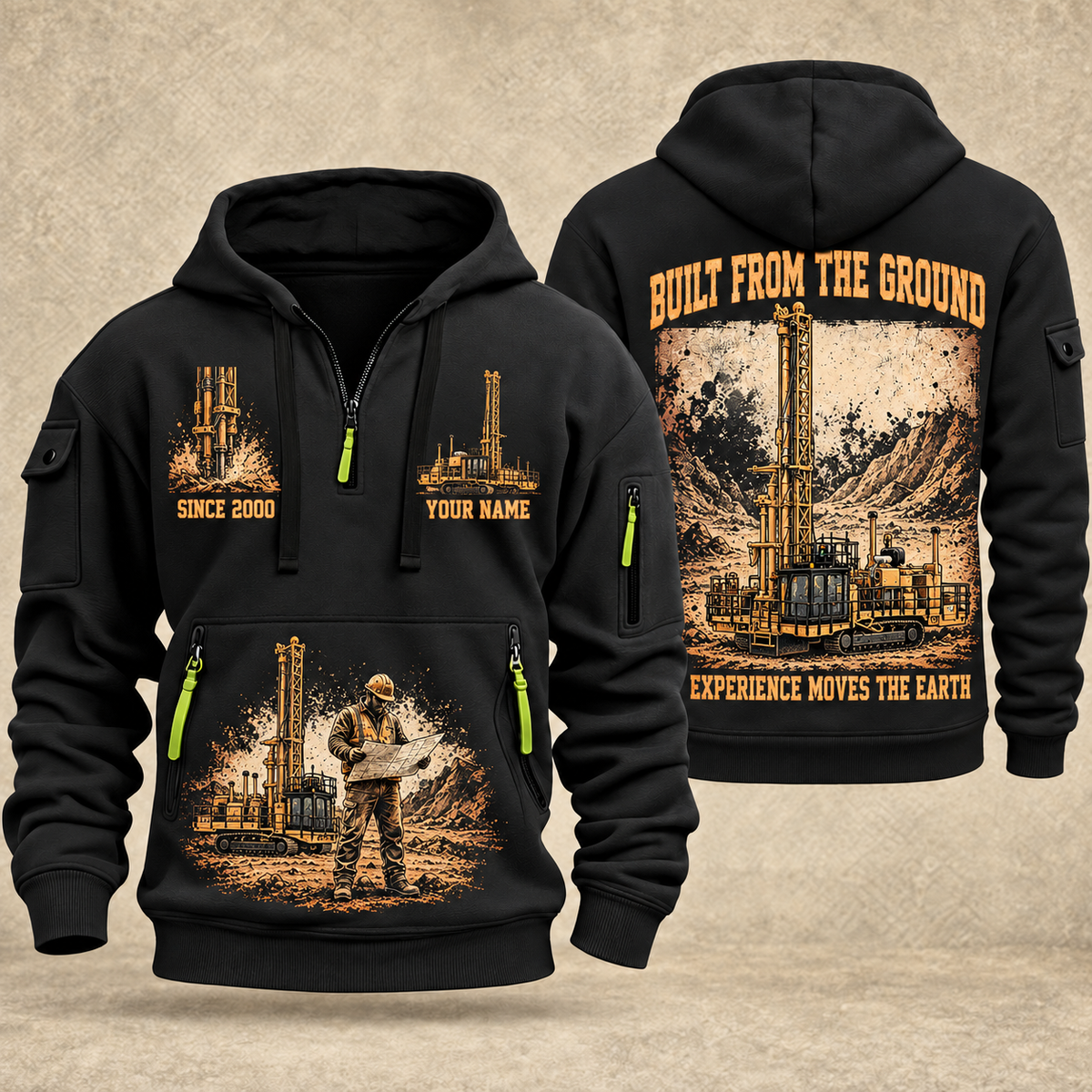 MD6250 Blasthole Drill Operator quarter zip hoodie in Black, front and back views, sample YOUR NAME and SINCE 2000 artwork