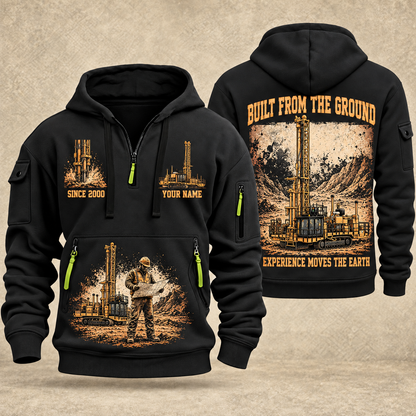 MD6250 Blasthole Drill Operator quarter zip hoodie in Black, front and back views, sample YOUR NAME and SINCE 2000 artwork