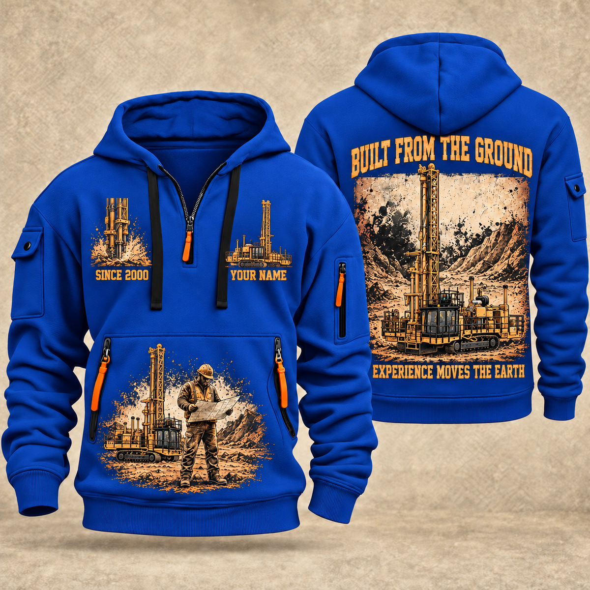 MD6250 Blasthole Drill Operator quarter zip hoodie in Blue, front and back views, sample YOUR NAME and SINCE 2000 artwork