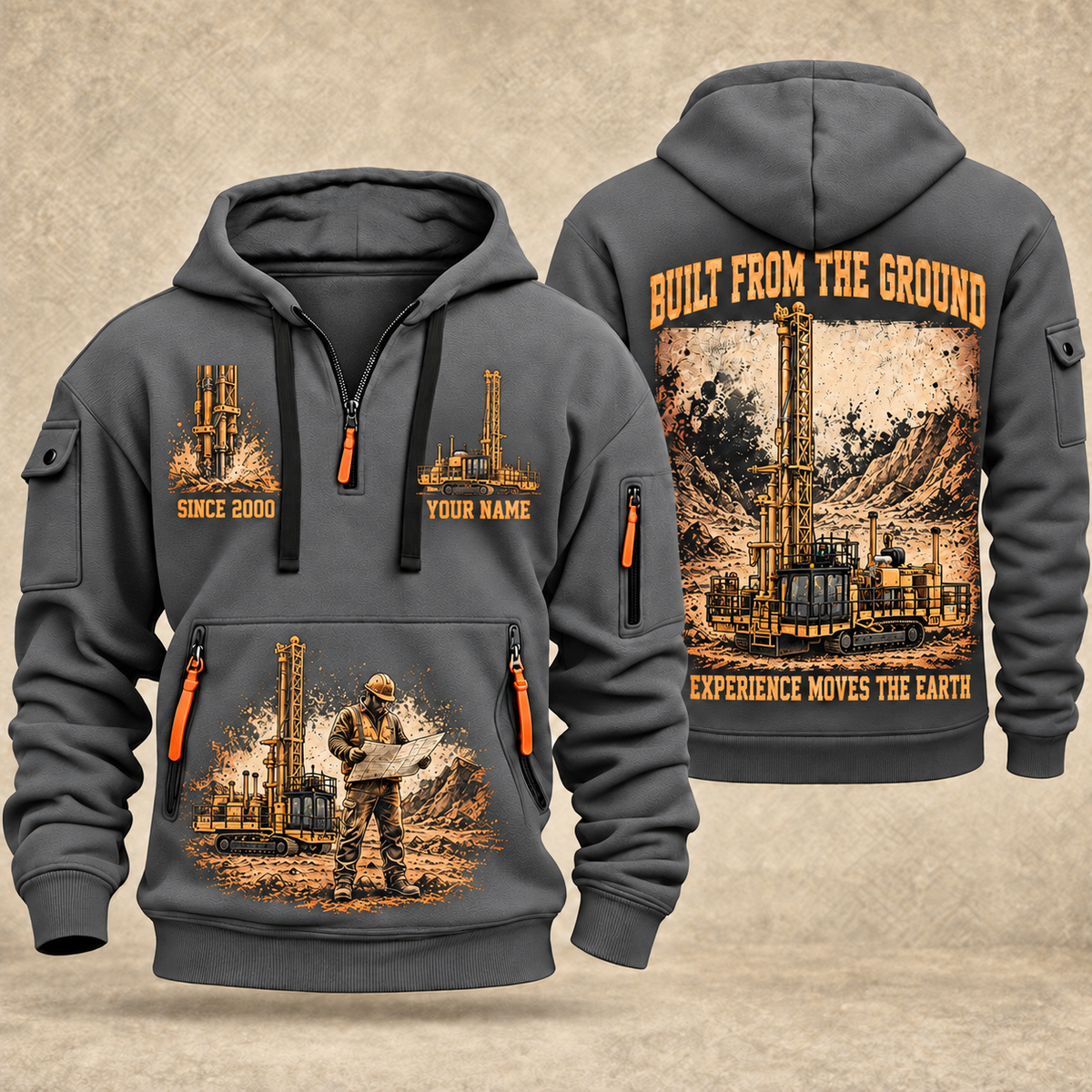 MD6250 Blasthole Drill Operator quarter zip hoodie in Gray, front and back views, sample YOUR NAME and SINCE 2000 artwork