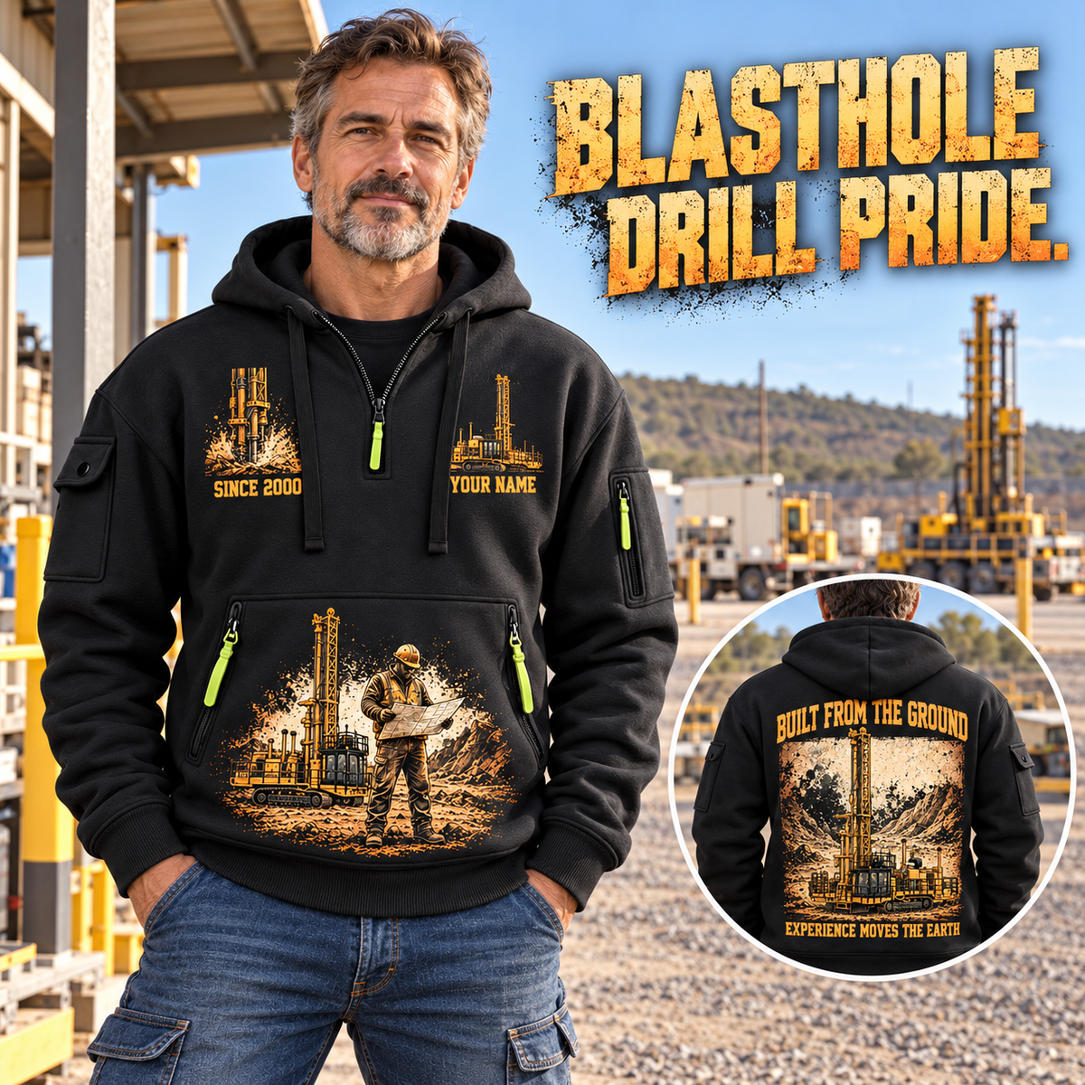 MD6250 Blasthole Drill Operator quarter zip hoodie in Black, adult lifestyle portrait showing front and back artwork