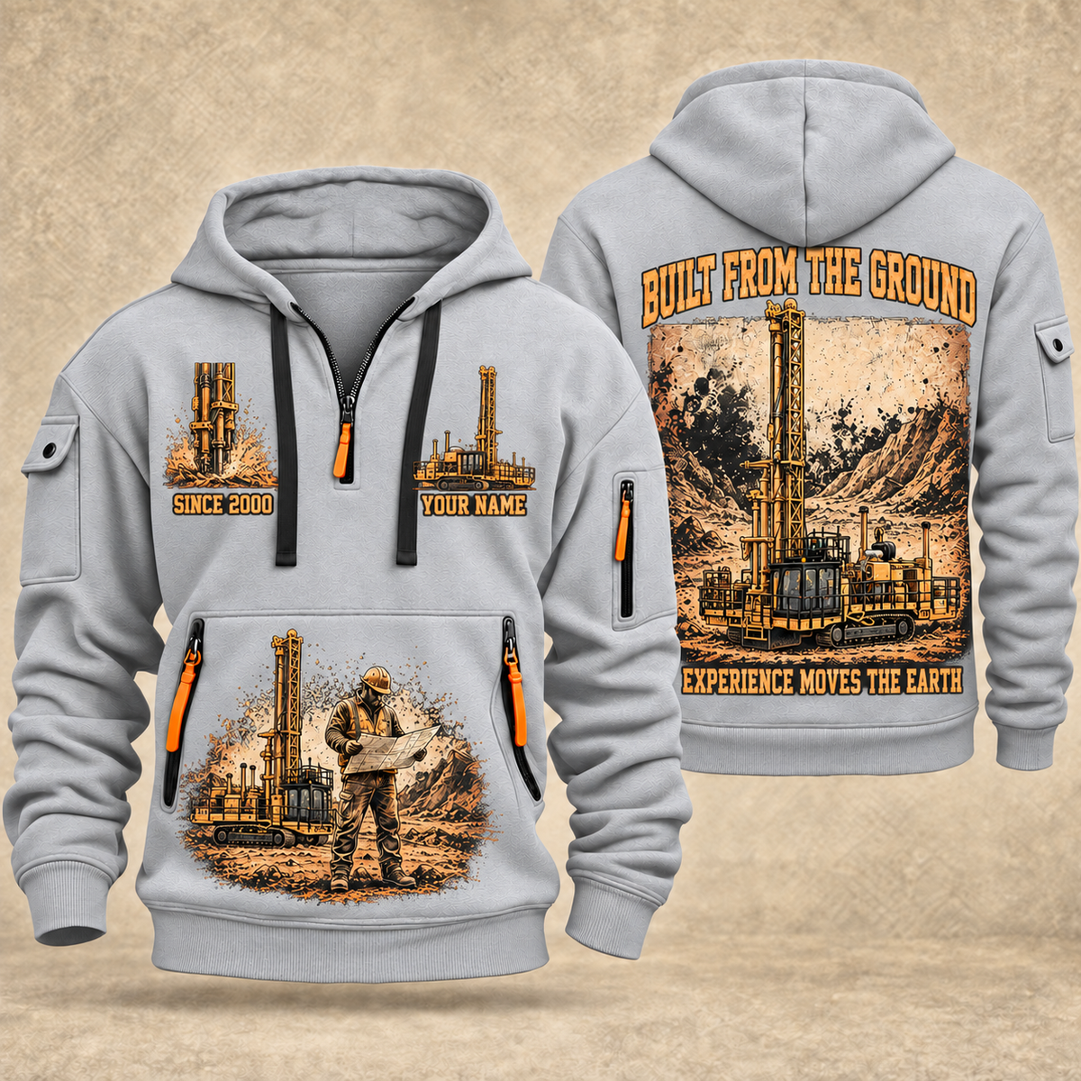 MD6250 Blasthole Drill Operator quarter zip hoodie in Light Grey, front and back views, sample YOUR NAME and SINCE 2000 artwork