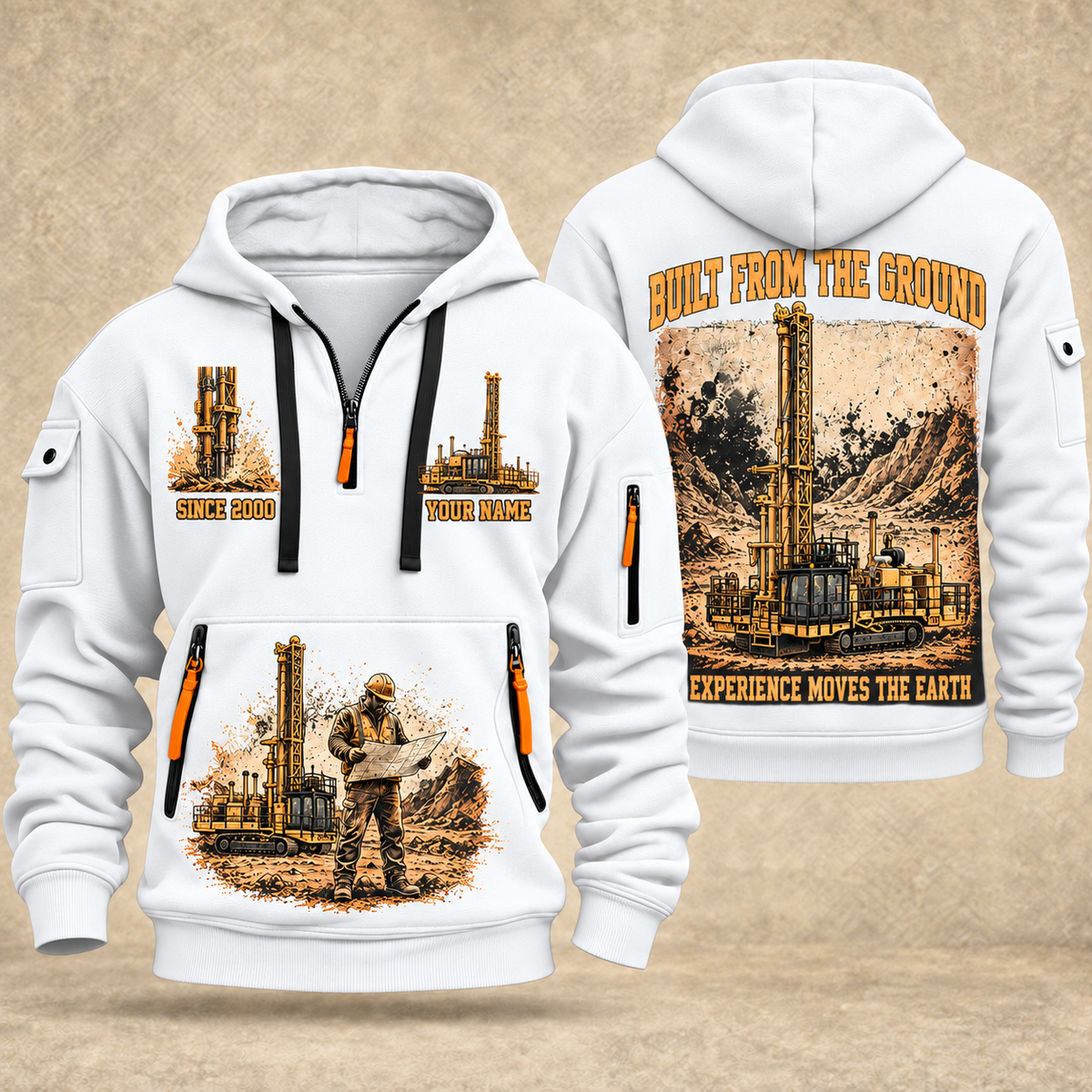 MD6250 Blasthole Drill Operator quarter zip hoodie in White, front and back views, sample YOUR NAME and SINCE 2000 artwork