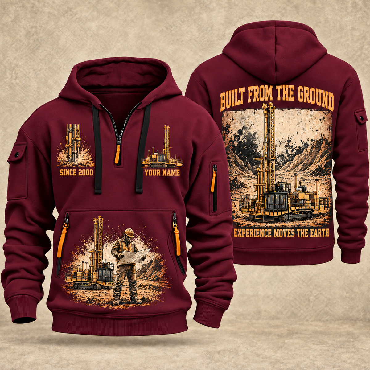MD6250 Blasthole Drill Operator quarter zip hoodie in Wine Red, front and back views, sample YOUR NAME and SINCE 2000 artwork