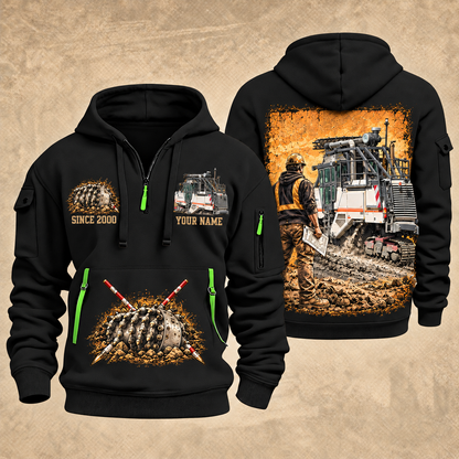 2200 SM Surface Miner quarter zip hoodie in Black, front and back views, sample YOUR NAME and SINCE 2000 artwork