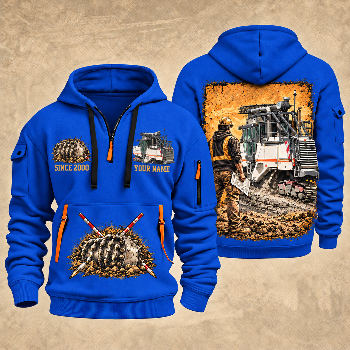 2200 SM Surface Miner quarter zip hoodie in Blue, front and back views, sample YOUR NAME and SINCE 2000 artwork