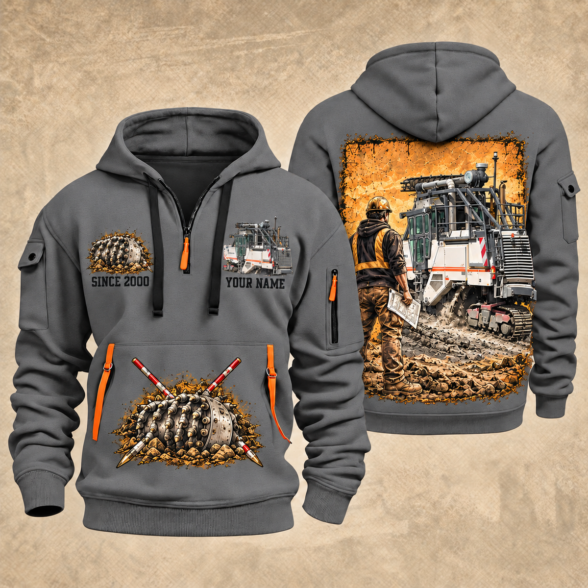2200 SM Surface Miner quarter zip hoodie in Gray, front and back views, sample YOUR NAME and SINCE 2000 artwork