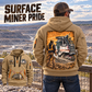2200 SM Surface Miner quarter zip hoodie in Khaki, adult lifestyle portrait showing front and back artwork