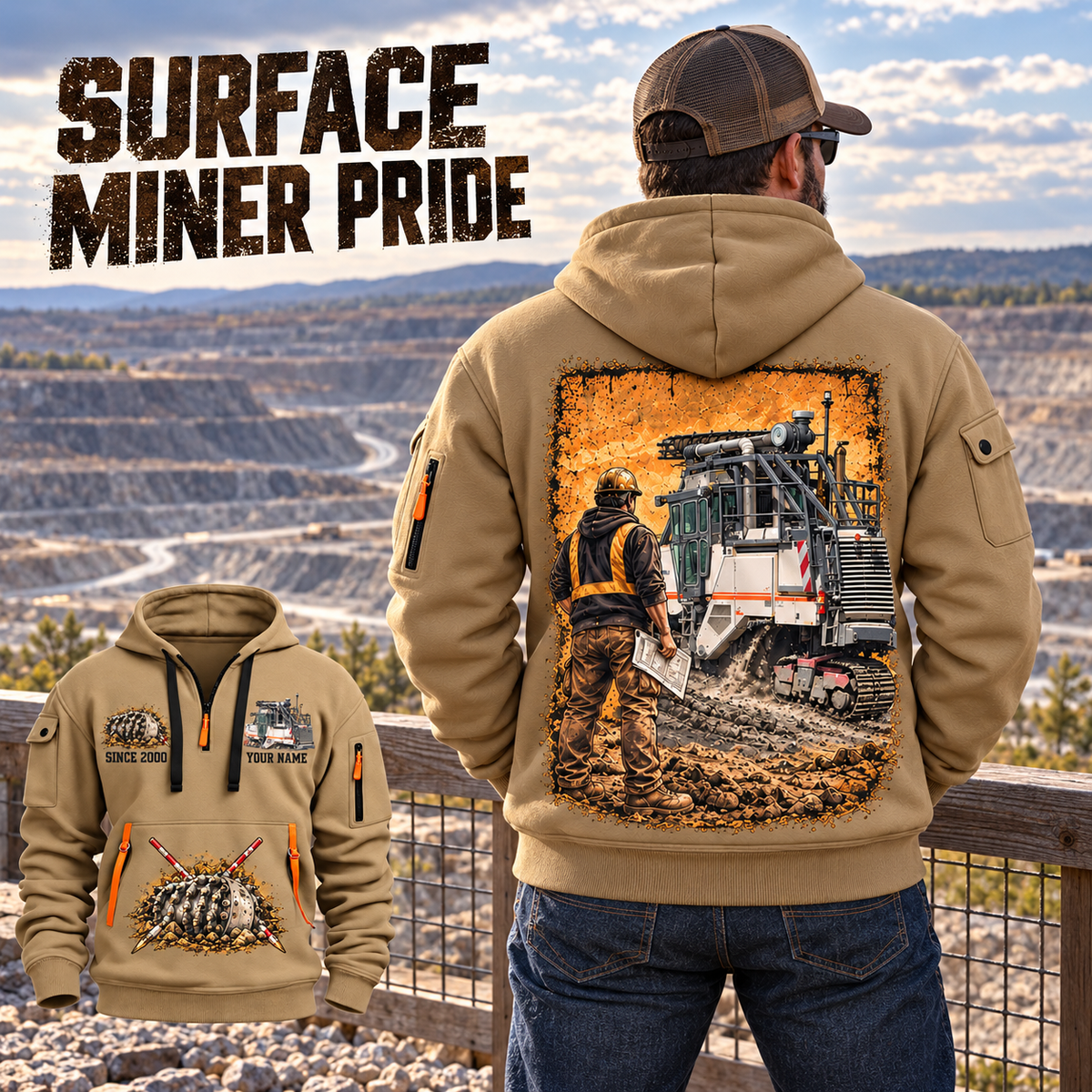 2200 SM Surface Miner quarter zip hoodie in Khaki, adult lifestyle portrait showing front and back artwork