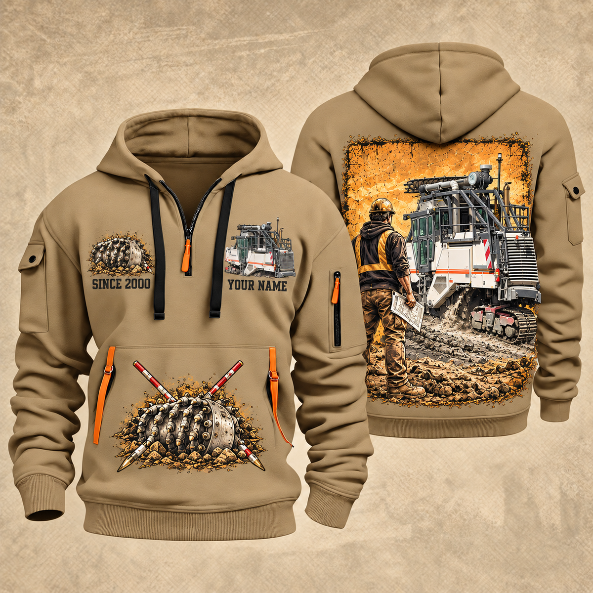 2200 SM Surface Miner quarter zip hoodie in Khaki, front and back views, sample YOUR NAME and SINCE 2000 artwork